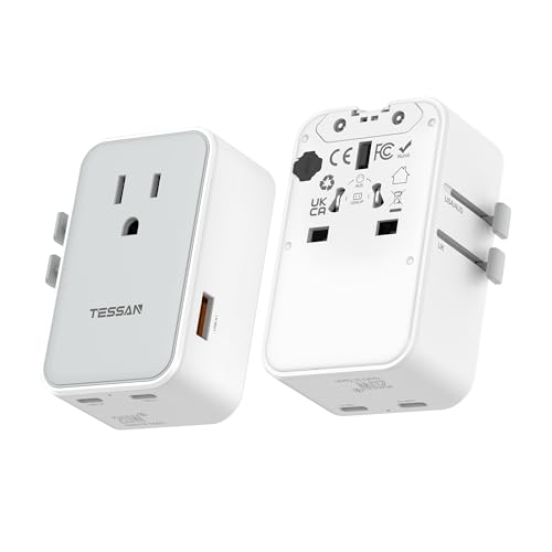 Universal Travel Adapter 20W, TESSAN Ultra Slim International Power Adapter with 2 USB-C 1 USB-A, Travel Plug Adaptor Worldwide for US to European UK Spain Italy England New Zealand (Type C 
