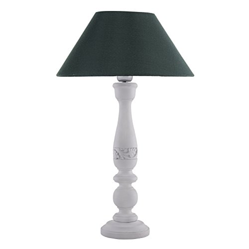 Image of Homesake Handcrafted Wooden Table Lamp for Bedroom & Living Room | Decorative Bedside Reading Lamp with Fabric Shade, E27 Holder | Bulb Included | White Floral Carved Base for Home Decor, Green