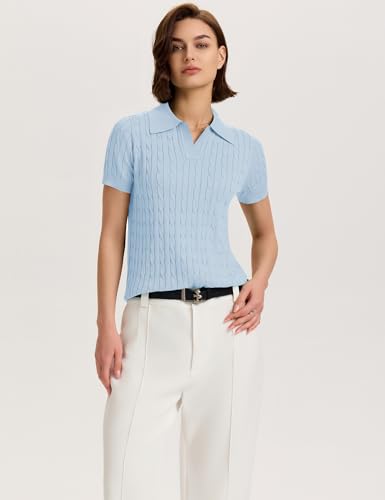 Image of Micoson Womens Short Sleeve Sweater Tops Lapel V Neck Polo Shirts 2026 Summer Cable Knit Loose Blouse Business Casual Outfits