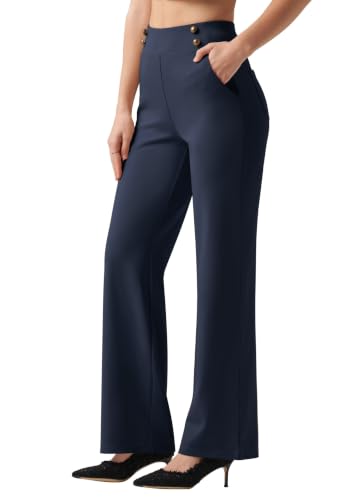 Willit Women's Wide Leg Dress Pants High Waisted Stretch Work Pants Office Business Casual Slacks Pockets Navy Blue L