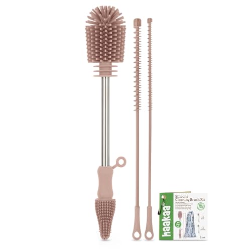 Image of Haakaa Silicone Cleaning Brush Kit - Baby Bottle Brush Cleaner for Breast Pump,Nipple,Breast Milk Storage Bag,Reusable Straw,Sippy Cup - Food Grade Silicone Bristles, Portable - 3 Pcs - Pink