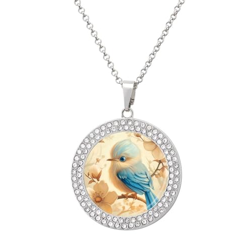 DuduYH A Little Bird with Blue Feathers Round Pendant Necklace