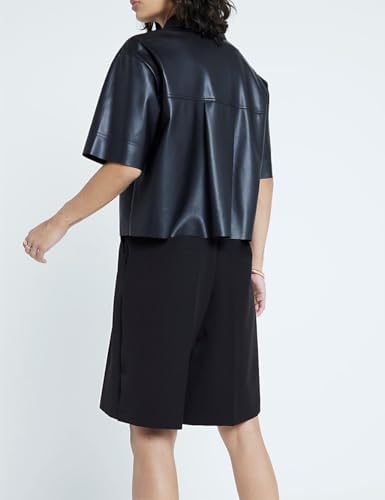 Faux Leather Shirt Women Loose Fit Short Sleeve PU Leather Button Down Crop Shirt with Pocket2