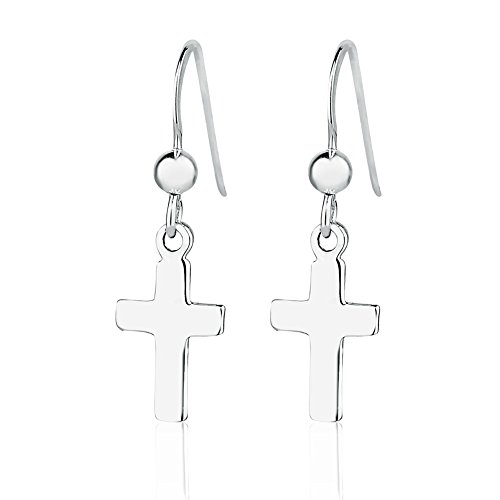 925 Sterling Silver Minimalist Shiny Polished Simple Small Christian Cross Dangle Drop Earrings