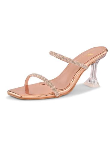 Image of XE Looks Women's Rhinestone Double Strap Slip-On Heeled Sandals with Transparent Sculpted Heel | Soft Cushioned Footbed | Elegant Open Square Toe Sandals for Girls & Women