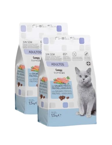 Alimento Seco para Gatos Adultos con Salmón Fresco, Frutas y Verduras, Pack 2x1,5 kg - Compy Supreme