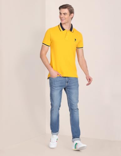 Image of U.S. POLO ASSN. Solid Slim Fit Cotton Polo T Shirt for Men - Breathable, Half Sleeves Mens Tshirt - S, Yellow