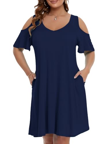 Image of JollieLovin Womens Plus Size Short Sleeve Cold Shoulder V Neck T-Shirt Dress with Pockets