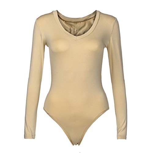 Women's Scoop Neck Jumpsuits Long Sleeve Solid Bodysuits Slim Fit Comfort Leotard T-Shirts Tops Beige