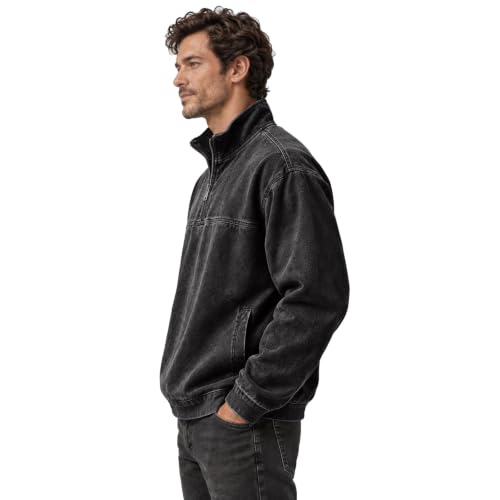 Men's Denim Shirt Washed Retro Quarter Zip Pullover Top Denim Top - image 6