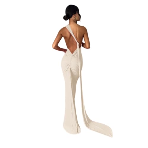 Image of Suillty Women's Sexy Oblique Shoulder Backless Maxi Dress Ruched Back Strap Sleeveless Party Club Long Dresses Bodycon