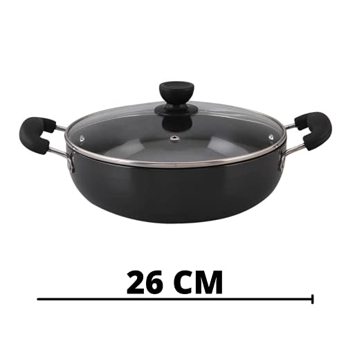 MUMMA LIFE Non-Stick Kadhai with Glass Lid (26 cm, Hammertone Finish, 3 Coat, 3mm Thickness), Aluminium (Black) - Image 5