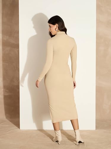 Image of Sassafras Women Bottle Rib High Neck Front Zipper Bodycon Midi Dress