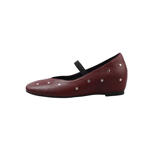 Mary Jane Shoes Women Closed Square Toe Studded Flats Elastic Strap Slip On Comfortable Fashion Office Work Walking Shoes