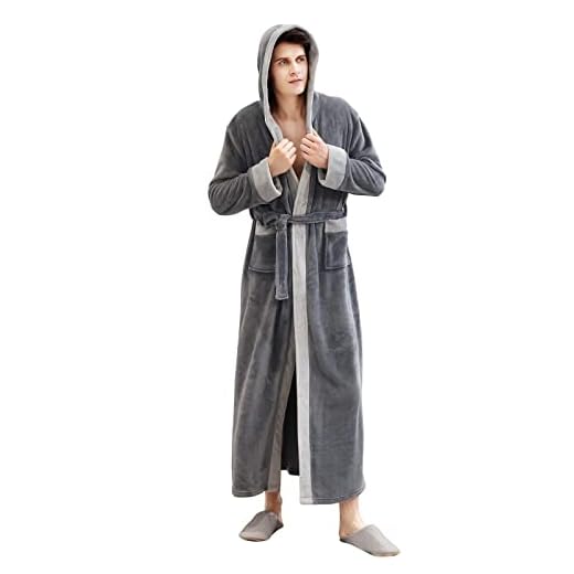 Hellomamma Mens Long Robes with Hood Full Length Hooded Bathrobe Fleece Plush Fluffy Housecoat Nightgown Grey