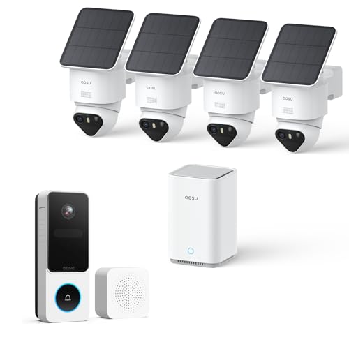 aosu T2 Ultra 4K Solar Outdoor Wireless Security Cameras 4-Cam Kit + 2k Wireless Doorbell Camera with Chime No Subscript - Detailed View