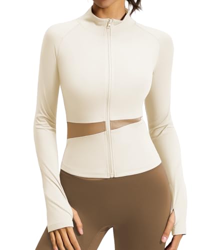 ATRACTIVOLL Chaqueta Deportiva Mujer Manga Larga Corriendo Tops Ligero Transpirable con agujeros para el pulgar con Cremallera Yoga Ropa Ajustada Chaqueta de Entrenamiento Fitness Correr Gimnasio