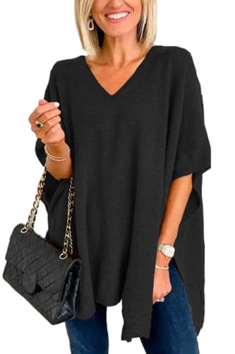 Pinclodly Sweaters for Women Short Batwing Sleeve Crochet Vest V Neck Side Slit Knit Sweater Solid Loose Fit Lightweight Sweater Black