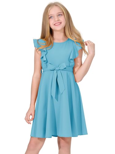 Quedoris Girls Ruffle Trim Sleeveless Belted Dress with Zipper Lake Blue 150Y