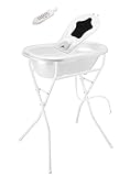 Ideale Lösung beim Babybaden: Komplettset bestehend aus Badewanne mit Antirutschmatte, Wanneneinlage, Badewannenständer, Ablaufschlauch und Badethermometer, ideal für Babys von 0-12 Monate (max. 15 kg)