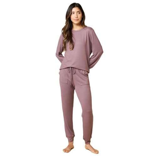 Softies Dream Jersey Crew Neck Lounge Set for Women Ultra Soft 2 Piece Loungewear with Long Sleeve Top and Jogger Pants Cashmere-Feel Comfort Driftwood L