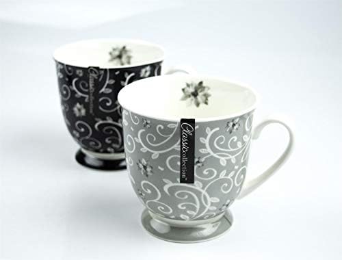 YöL Set of 4 Coffee Mugs Tea Cups Floral Swirl Grey Black White New Bone China Large 400ml