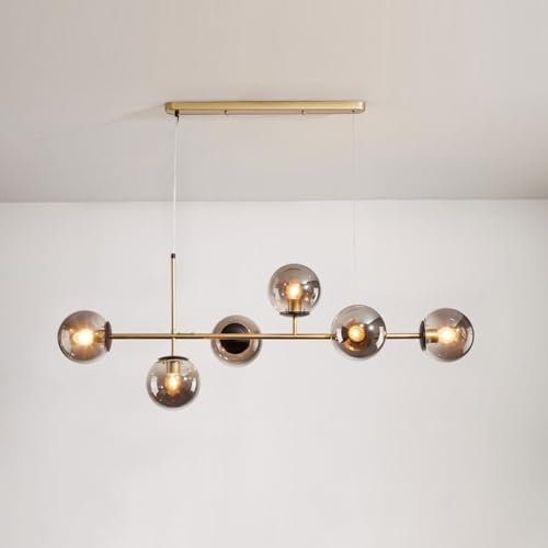 Lustre nordique réglable à hauteur adaptable avec 6 globes en verre transparent