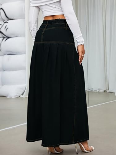 chouyatou Women's Summer Casual Flared High Waist Long Jean Skirt Pleated A-Line Maxi Denim Skirt4