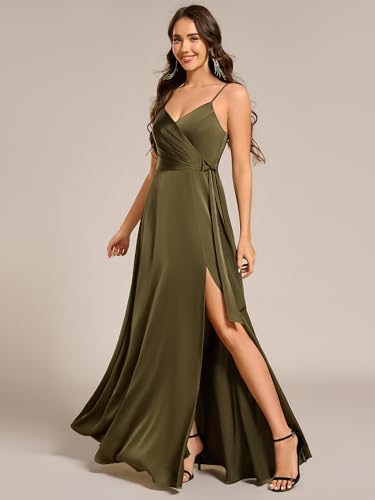 Image of Ever-Pretty Women's Sexy Spaghetti Straps Ruched V Neck Floor Length Satin Formal Dress with Slit 02317