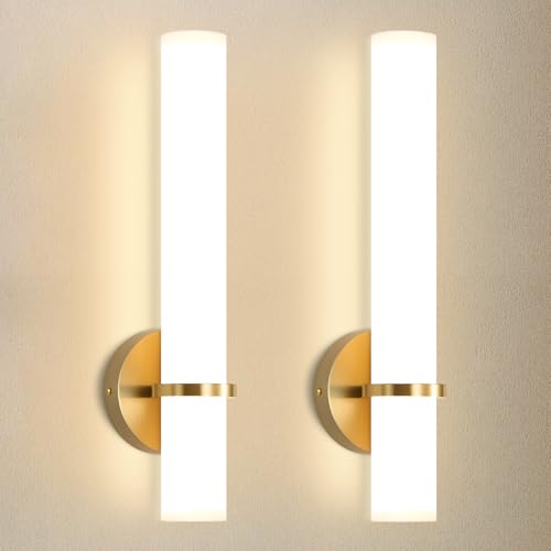 Image of 16W LED Dimming Wall Sconces 2 Packs, 3000K Warm Lights Dimmable, White Lampshade Bathroom Vanity Lighting Wall Light Fixtures for Bedroom Dining Living Hallway, Antique Gold