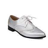 Women's Leather Pointed Toe Wingtip Low Heel Brogue Oxfords VintagePrint Non-Slip Lace-up Casual Business Work Flat Formal Shoes (Silver,8)