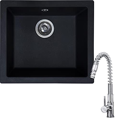 SIA EVOBL 1.0 Bowl Black Composite Undermount Kitchen Sink with Basket Waste Kit & KT7 Chrome Pull-out Spray Tap
