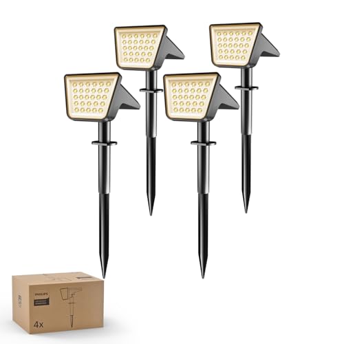 Philips 4 Packs Solar Spot Lights Outdoor Waterproof, 28 LED 3000K Solar Powered Landscape Pathway Lights, Dusk to Dawn Solar Spotlights for Garden, Yard, Lawn, Walkway, Driveway