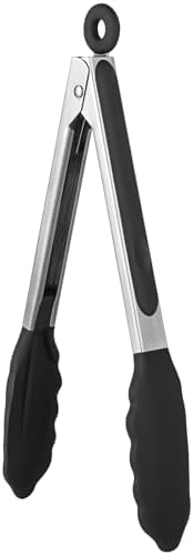 600ºF Heat Resistant Kitchen Tongs: U-Taste 9 inch Silicone Cooking Tong with Firm Sealed Non Stick Rubber Tips & Silicon Coated 18/8 Stainless Steel Handle & Smooth Locking for Serving Salad (Black)