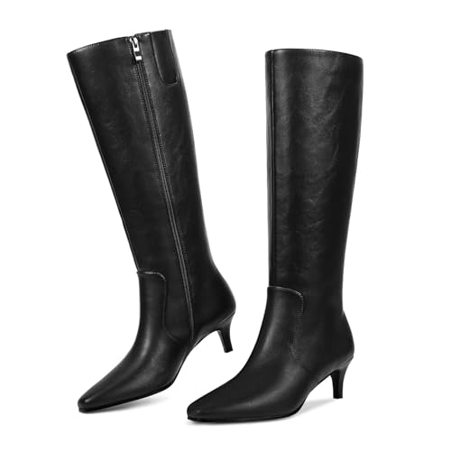 wetkiss Black Boots for Women Knee High Womens Kitten Low Heel Tall Boots with Side Zipper Pointed...