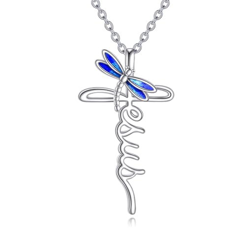 Collier croix de jésus et libellule en acier pour femme