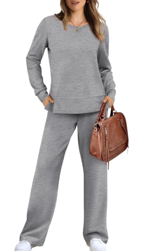 Image of WIHOLL Women's 2 Piece Lounge Sets Sweatshirt Casual Travel Outfits Fashion Wide Leg Tracksuit Cozy Sweatsuits