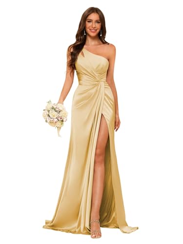 Image of vintys Women's One Shoulder Ruched Bridesmaid Dresses Long with Slit Satin Formal Prom Dress VS117