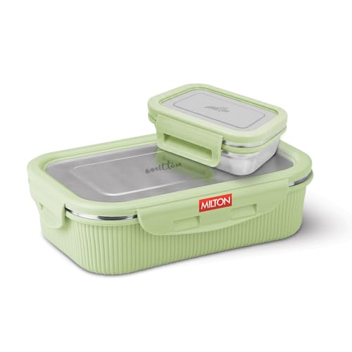 MILTON Cool Touch Epic 800 Stainless Steel Tiffin, Set of 2 (780 ml,180 ml), Green, Microwave Safe, Food Grade, BPA Free, Refrigerator Safe
