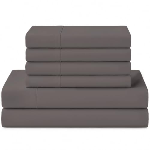 Image of Linen Home 100% Cotton Percale Sheets Queen Size, Charcoal, Deep Pocket, 6 Pieces Set- 1 Flat, 1 Fitted and 4 Pillowcases, Crisp Cool and Long Staple Strong Bed Linen
