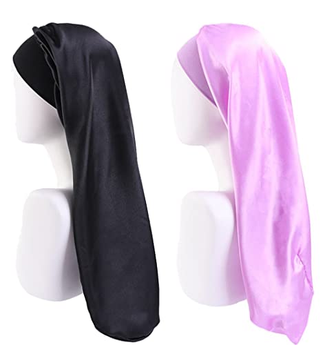 Lange Satin Schlafmütze, 2 Stück Große für Frauen, Mit Langen Zöpfen, Extra Groß Mit Breitem Elastischem Band, Weich und Bequem