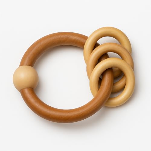 Image of Shark Doo Doo Neem Wood Baby Teether (Round Rattle with Rings) | Organic & Handcrafted | Chemical-Free, Paint-Free, Antibacterial Teething Toy for Babies