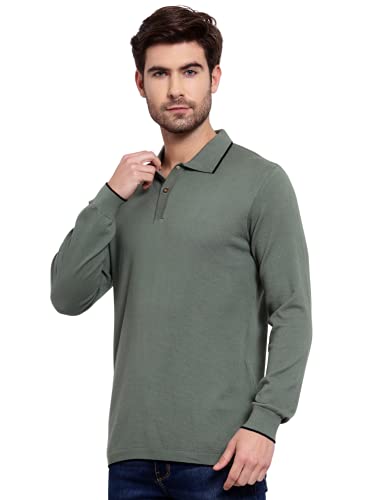 Image of Kalt Mens Basic Solid Full Sleeves Polo Cotton Blend Knitted Regular Fit Polo-Neck T-Shirts with Collar Stylish