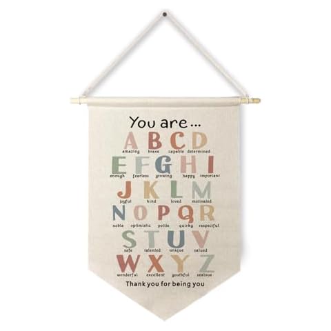 Qpenm Inspirational Alphabet ABC Hanging Wall Canvas Banner, Positive Affirmations Alphabet ABC Hanging Pennant Flag Prints Wall Decor Poster&Prints for Toddler Kids Room Playroom Classroom Cover
