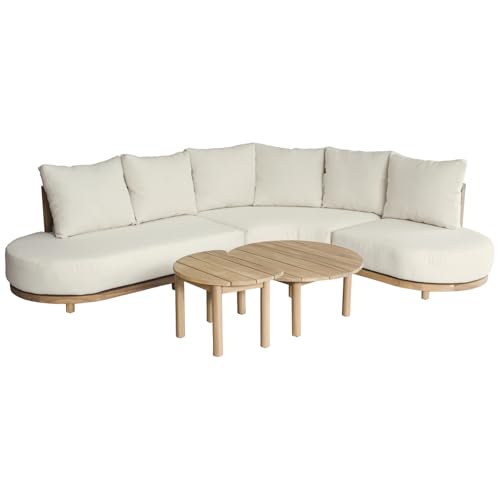 Happy Garden Salon de Jardin 5 Places LAGOA en Acacia avec Coussins Beige – Canapé d'angle avec Tables Basses