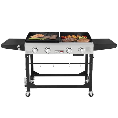 Royal Gourmet GD401 Portable Propane Gas Grill and Griddle Combo with Side Table | 4-Burner, Folding Legs,Versatile, Outdoor | Black