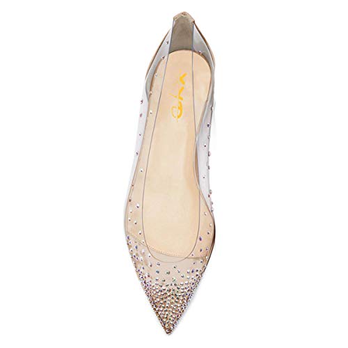 Xyd Women Fashion Rhinestones Mesh-Clear Ballet Flats Pointed Toe Spikes Rivets Sequins Dressy Shoes Size 11 Champagne-Clear #TOP2