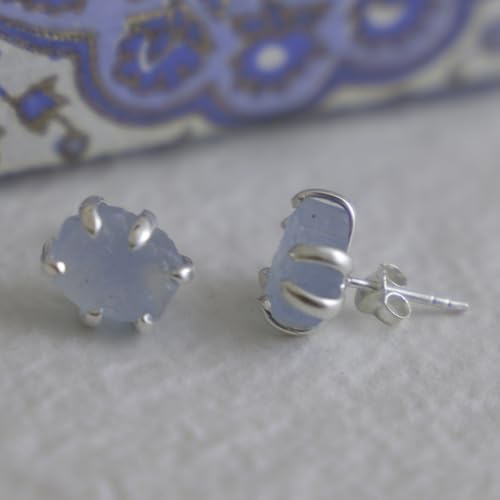 Raw Aquamarine 6-8mm Sterling Silver Stud Earrings for Women - Hypoallergenic Handmade Blue Gemstone Gem Birthstone Jewelry - Birthday Gift Ideas for Women -Valentine's Day Gift (sterling-silver)4