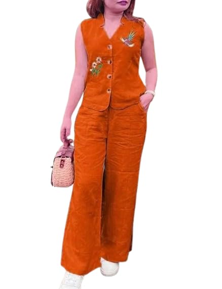 Bird & Floral Embroidered Top with Cotton Slub Palazzo with Pocket (Orange, L)