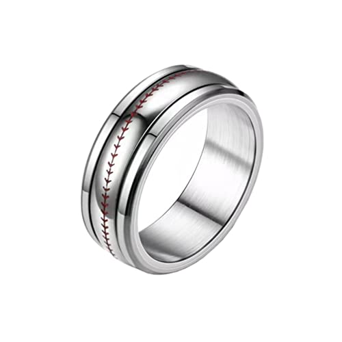 Unisex Stainless Steel 8mm Simple Personality Baseball Pattern Rotatable Fidget Ring Domed Style